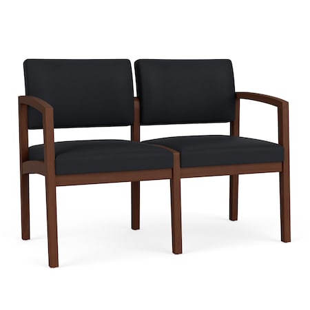 Lenox Wood 2 Seat Tandem Seating Wood Frame No Center Arm, Walnut, MD Black Upholstery